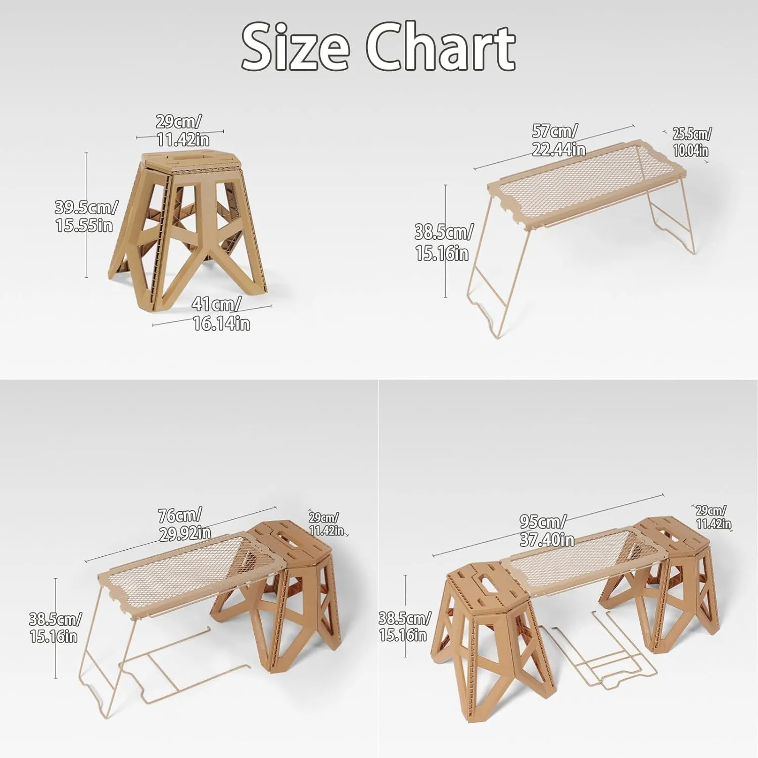 Outdoor Folding Stool, Multifunctional Folding Table Grid Table Stool Side Hanging Table Portable Iron Storage Rack for Camping Fishing BBQ(Khaki,Stool)