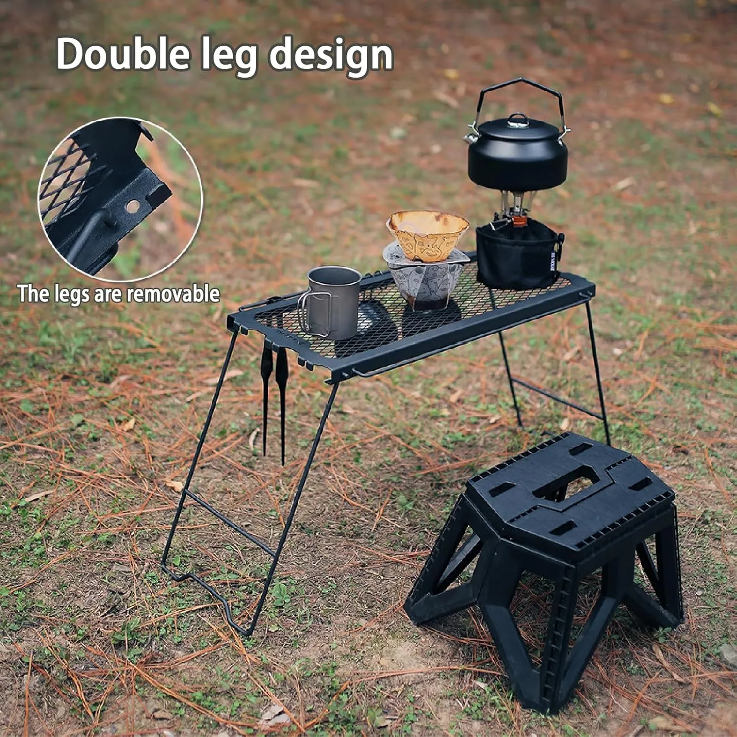Outdoor Folding Stool, Multifunctional Folding Table Grid Table Stool Side Hanging Table Portable Iron Storage Rack for Camping Fishing BBQ(Khaki,Stool)