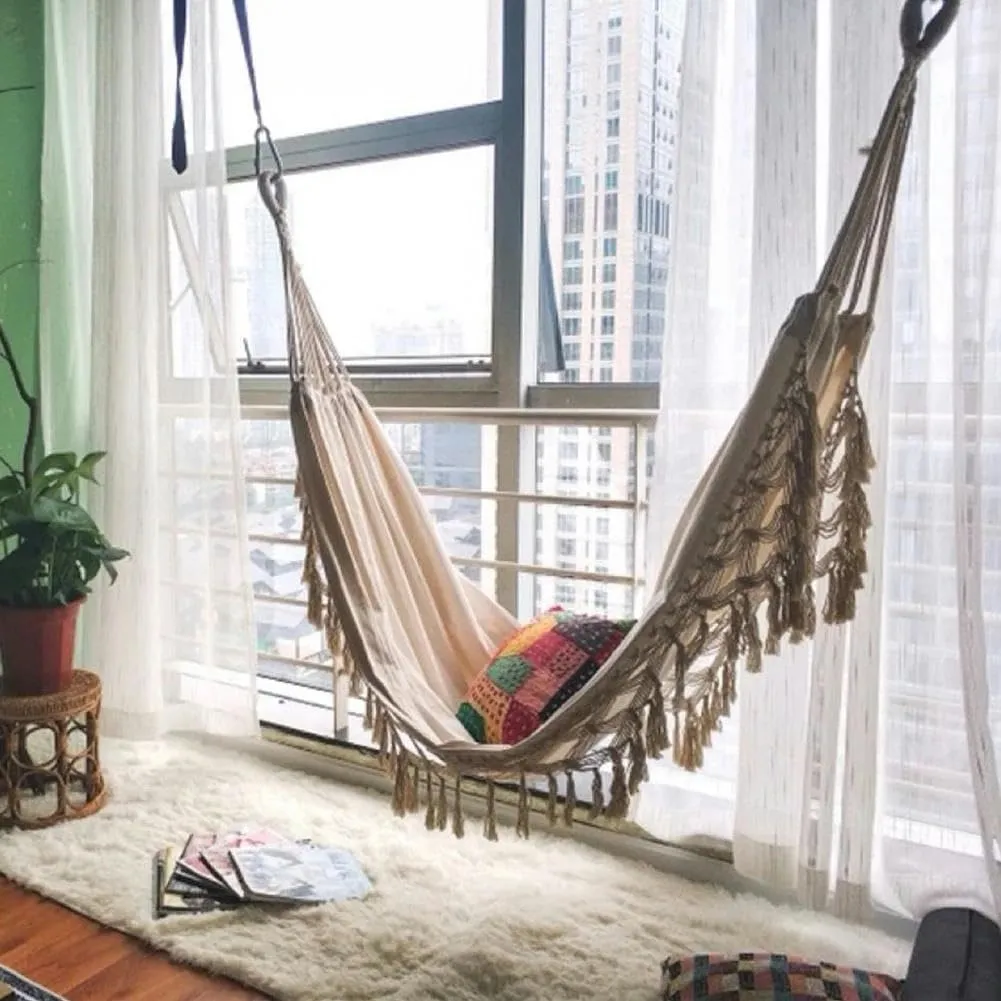Outdoor Garden Hammock Tassel Canvas Swing Chair Hanging Bed Hiking Camping Hunting Foldable Hammock