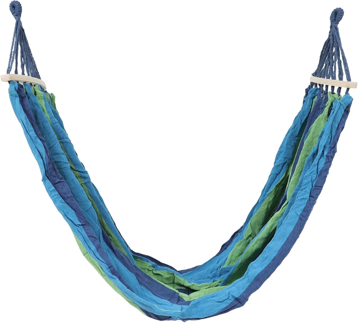 Outdoor Rainbow Canvas Hammock Portable Double Swing Sleeping Bed with Rollover Curved Wooden Stick for Camping Travel Lightweight Blue