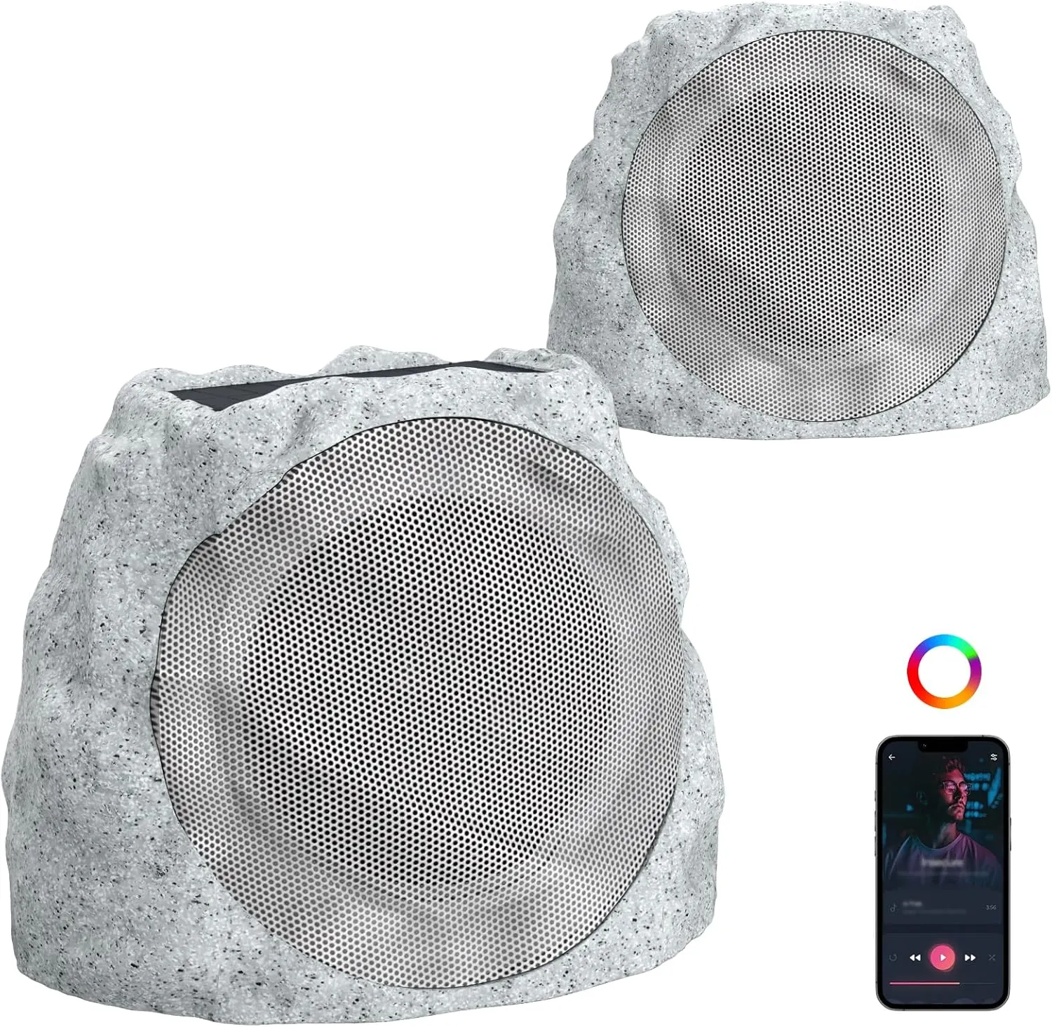Outdoor Speakers with Lights Show Portable Speakers Bluetooth Wireless Outdoor Speaker Bluetooth Waterproof patio Solar Powered and Rechargeable Rock Speaker for patio Pool,Backyard (Marble, 2 Pack)