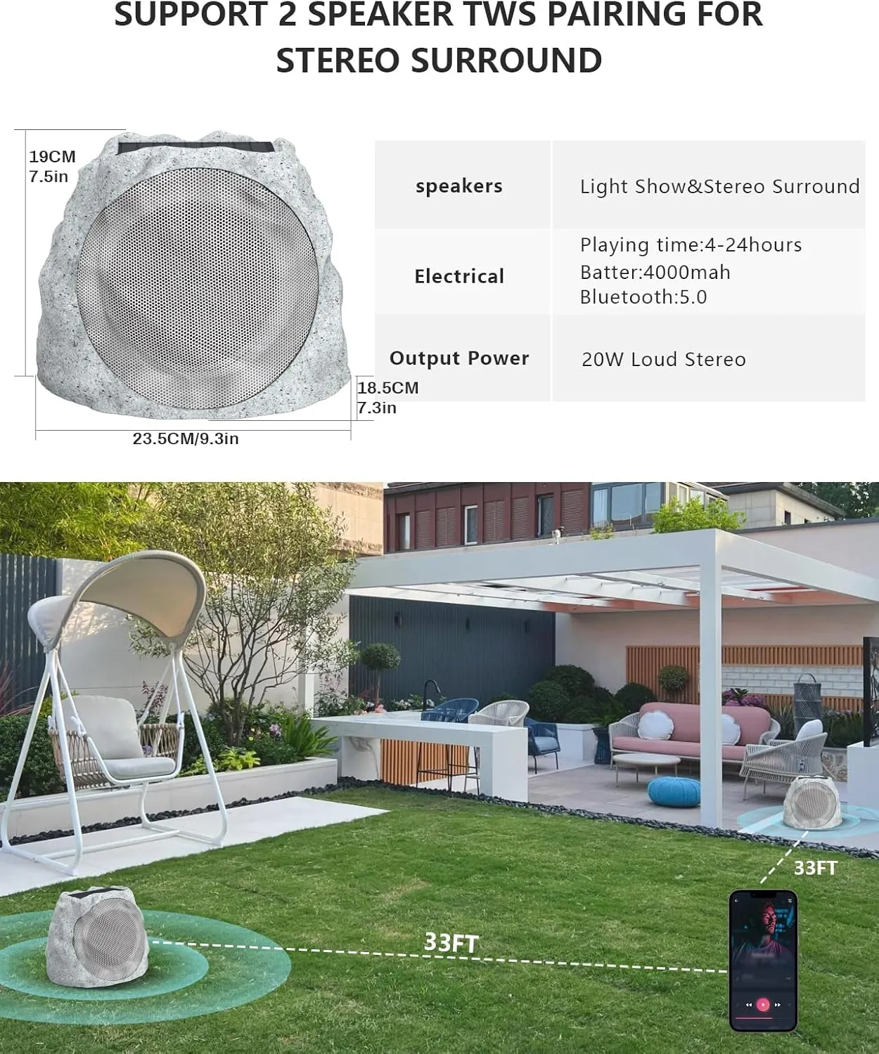 Outdoor Speakers with Lights Show Portable Speakers Bluetooth Wireless Outdoor Speaker Bluetooth Waterproof patio Solar Powered and Rechargeable Rock Speaker for patio Pool,Backyard (Marble, 2 Pack)