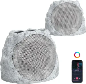 Outdoor Speakers with Lights Show Portable Speakers Bluetooth Wireless Outdoor Speaker Bluetooth Waterproof patio Solar Powered and Rechargeable Rock Speaker for patio Pool,Backyard (Marble, 2 Pack)