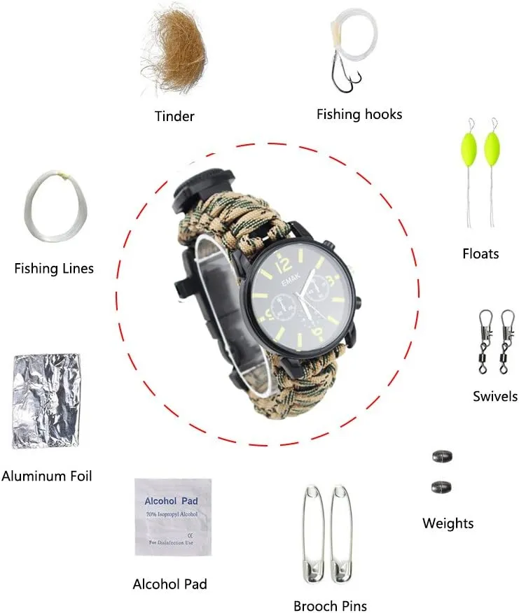 Outdoor Sports Survival Bracelet, 7 Core Paracord Mountaineer Noctilucent Watch Emergency Wristband First Aid Tools with Compass, Thermometer, Rescue Whistle, Fire Starter, Fishing Kit for Adventure