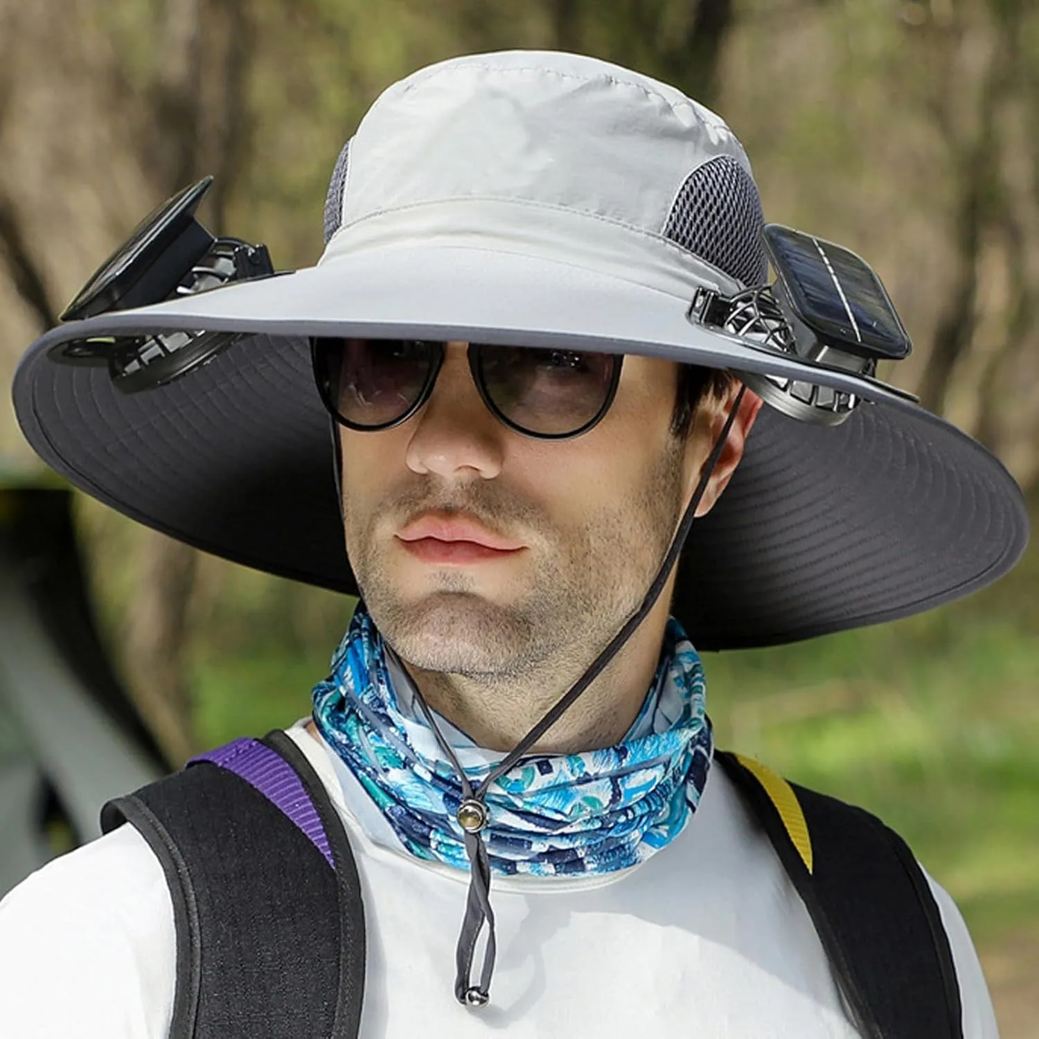 Outdoor Wide Brim Sun Hat with 2 Solar Fan Sun Bucket Hat for Men Women UPF 50  Bucket Fishing & Beach Hat with Fan Built in