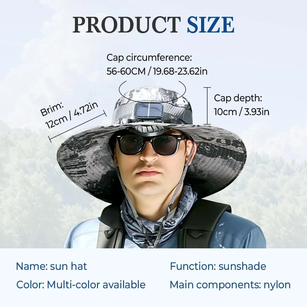 Outdoor Wide Brim Sun Hat with Solar Fan, 2025 New Ultralight Solar Powered Fan Sun Hat with 2 Solar Fan for Work Fishing