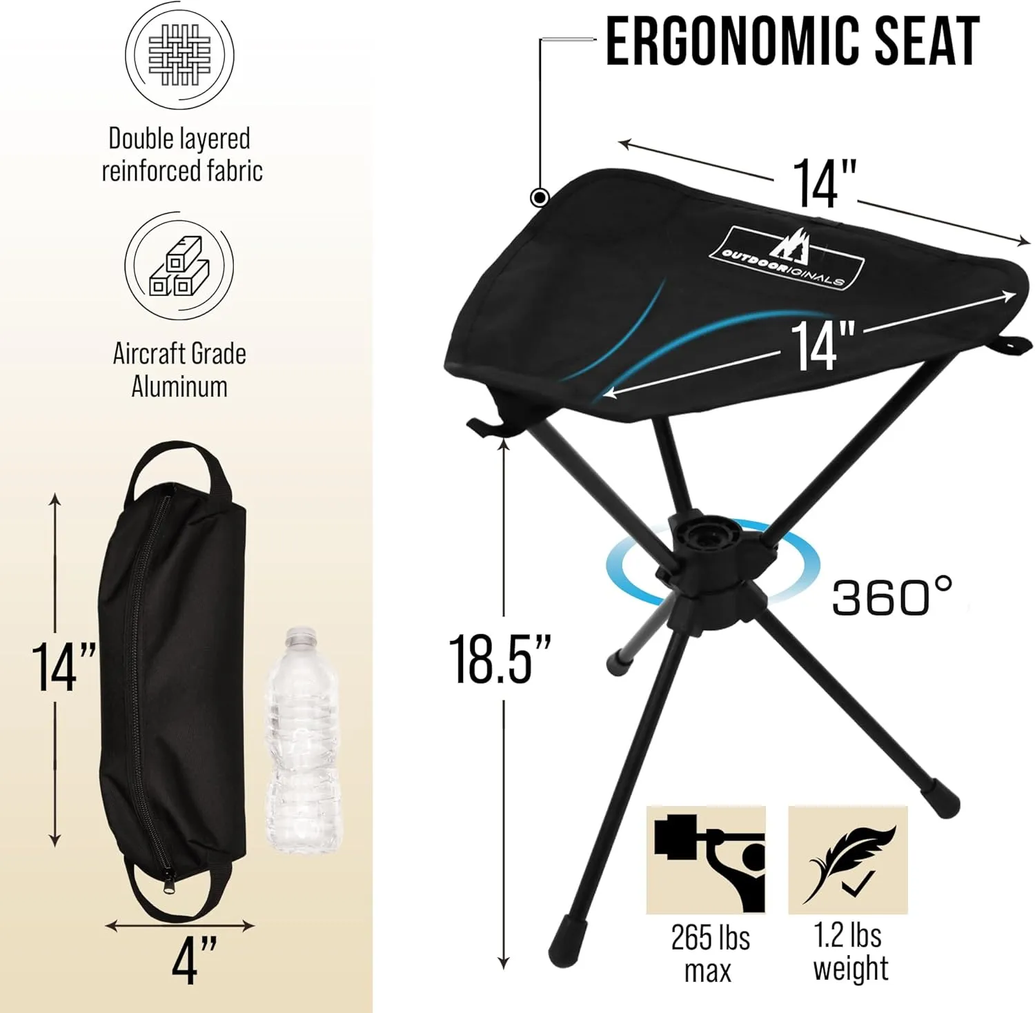 OutdoorOriginals 360 Rotating Camping Stool - Ultra Lightweight 1.3 lbs Backpacking/Camp Seat - Compact Foldable Collapsible Tripod Chair - Portable, Folding Stool for Outdoor Adventures Max 265 LBS