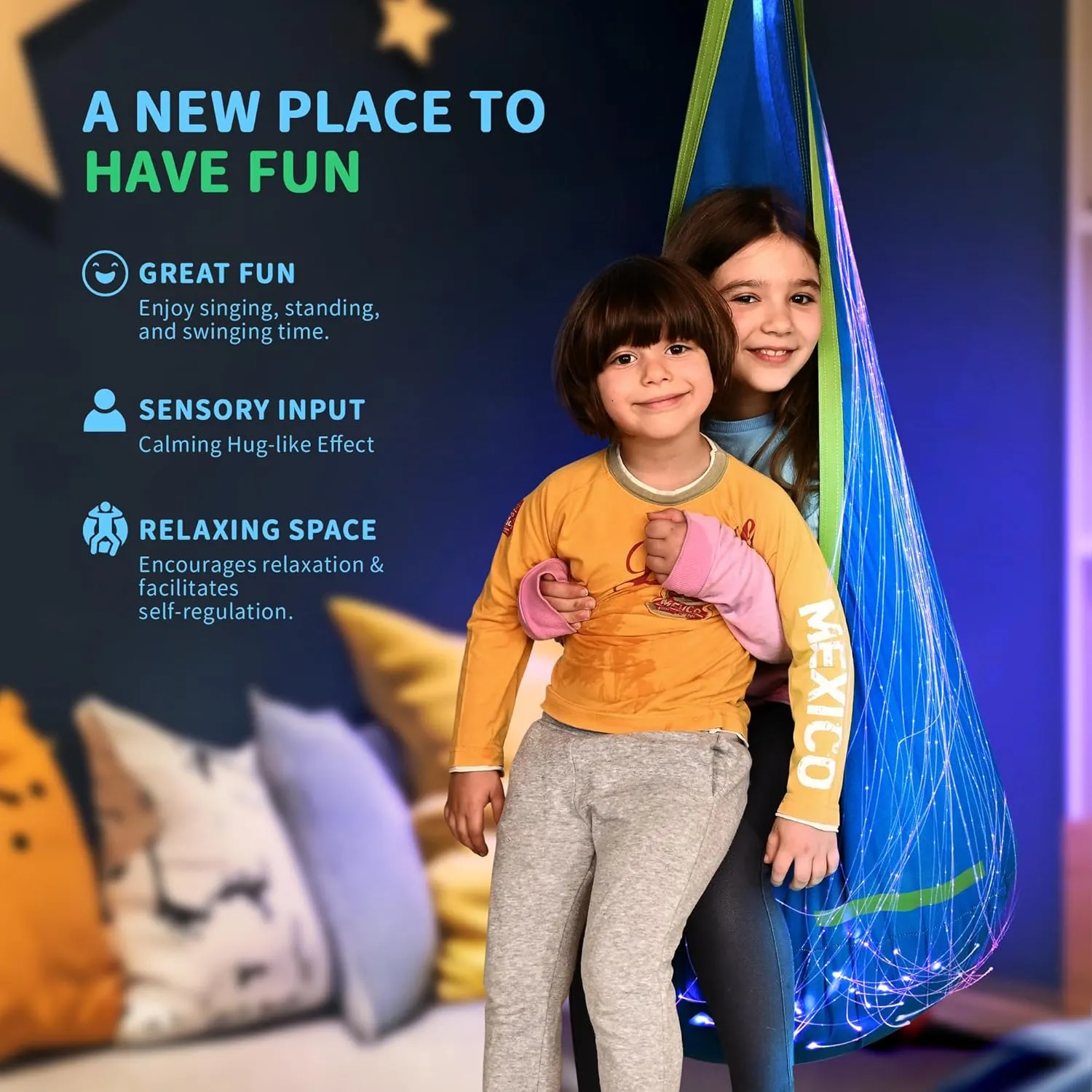 OUTREE Pod Swing Featuring Fiber Optic with 10 Colors and 17 Effects. Sensory Swing Suitable for Individuals with Sensory Needs (Blue)