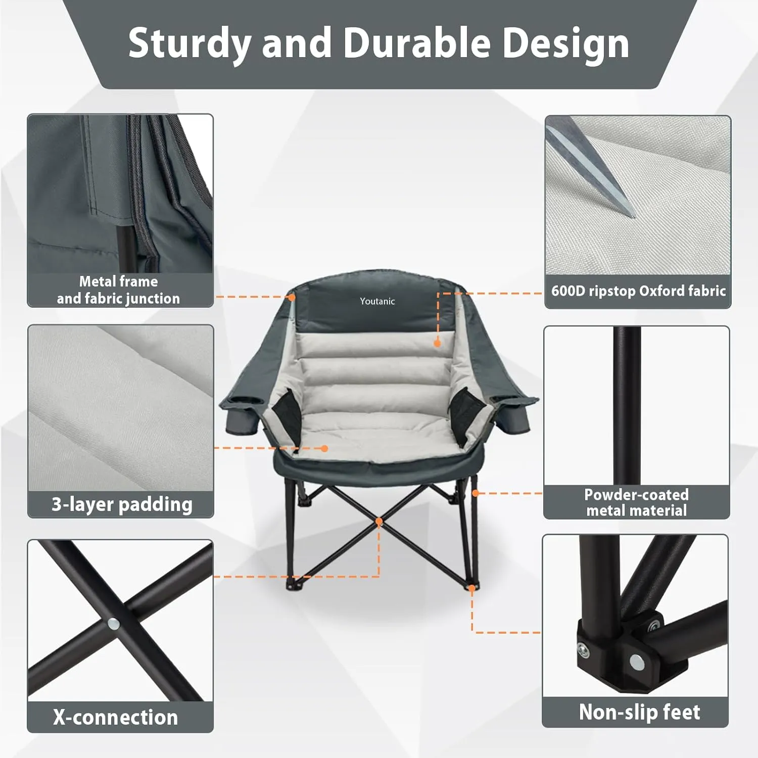 Oversized Camping Chair, Portable Folding Camping Chairs with Side Pocket, Cup Holder and Carry Bag, Heavy Duty Outdoor Camping Chairs for Adults, Fishing, Sports, Trip, up to 400lbs, Style 8