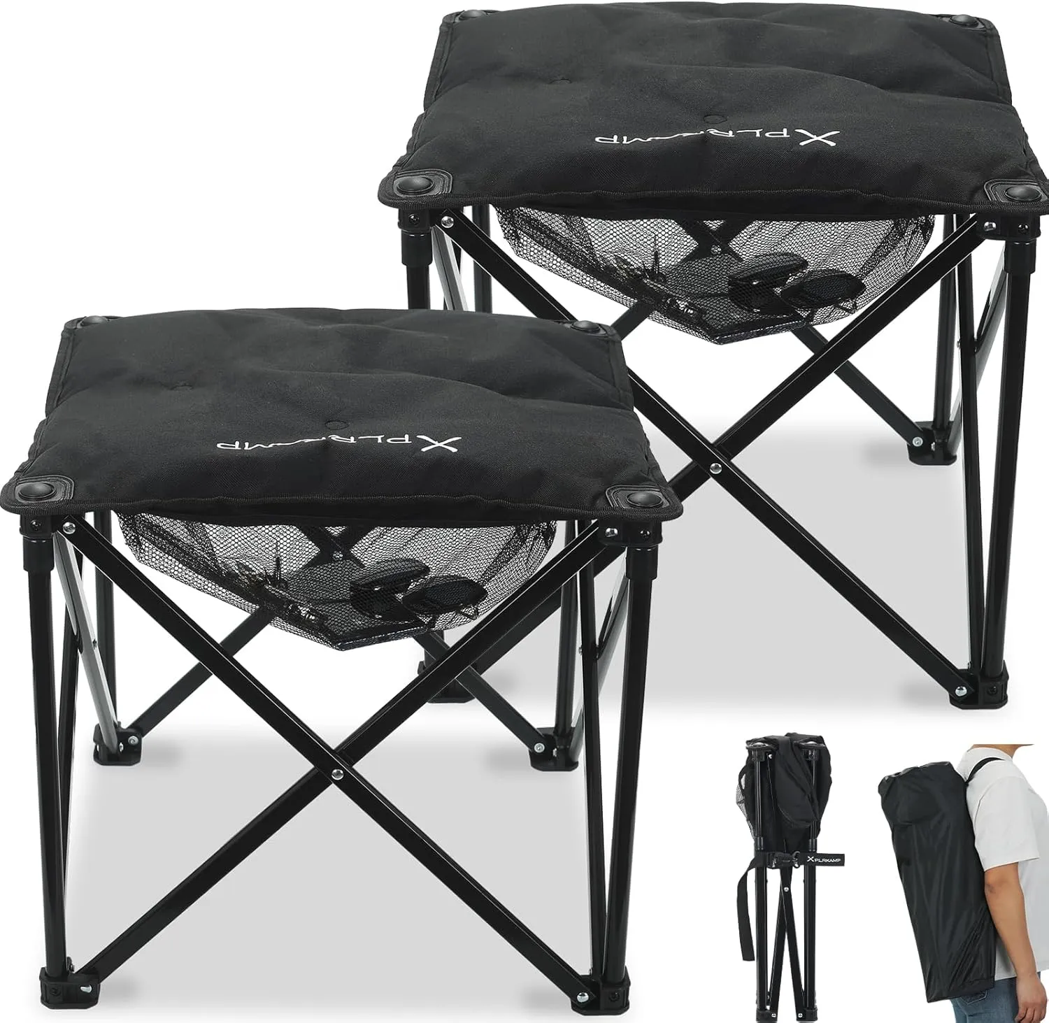 Padded Camping Stool, 18 Inch Oversized Camping Foot Rest, 500lb Camping Chairs Outdoor Footstool Portable Camping Ottoman for Camping Gardening Fishing w/Storage Net Carry Bag (2, Black)