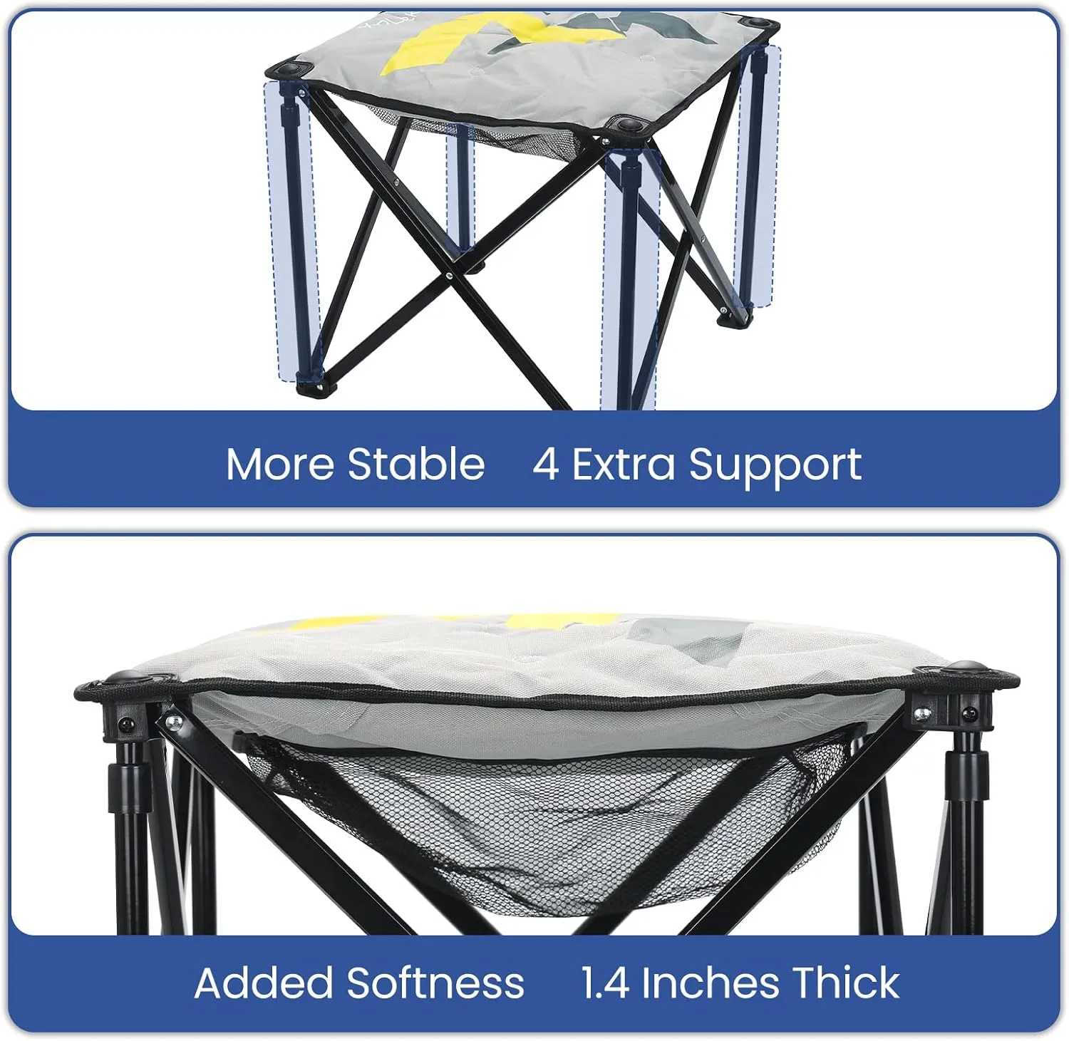 Padded Camping Stool, 18 Inch Oversized Camping Foot Rest, 500lb Camping Chairs Outdoor Footstool Portable Camping Ottoman for Camping Gardening Fishing w/Storage Net Carry Bag (2, Grey)