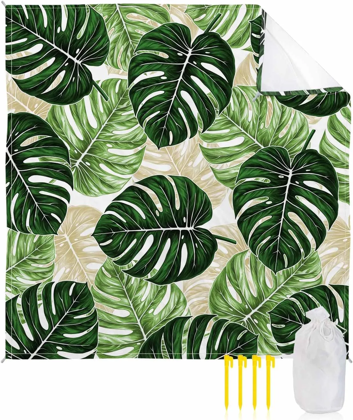 Palm Leaf Beach Blanket Large with Stakes Waterproof Sandproof, Tropical Plant Country Green Summer Foldable Beach Mat with Corner Pockets for Outdoor Travel Camping Hiking Picnic Essentials 95"x80"