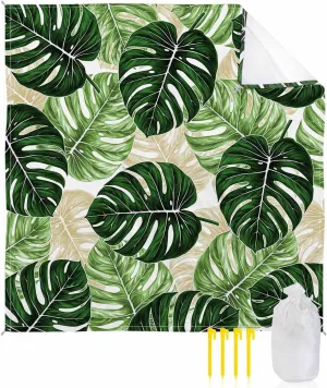 Palm Leaf Beach Blanket Large with Stakes Waterproof Sandproof, Tropical Plant Country Green Summer Foldable Beach Mat with Corner Pockets for Outdoor Travel Camping Hiking Picnic Essentials 95"x80"