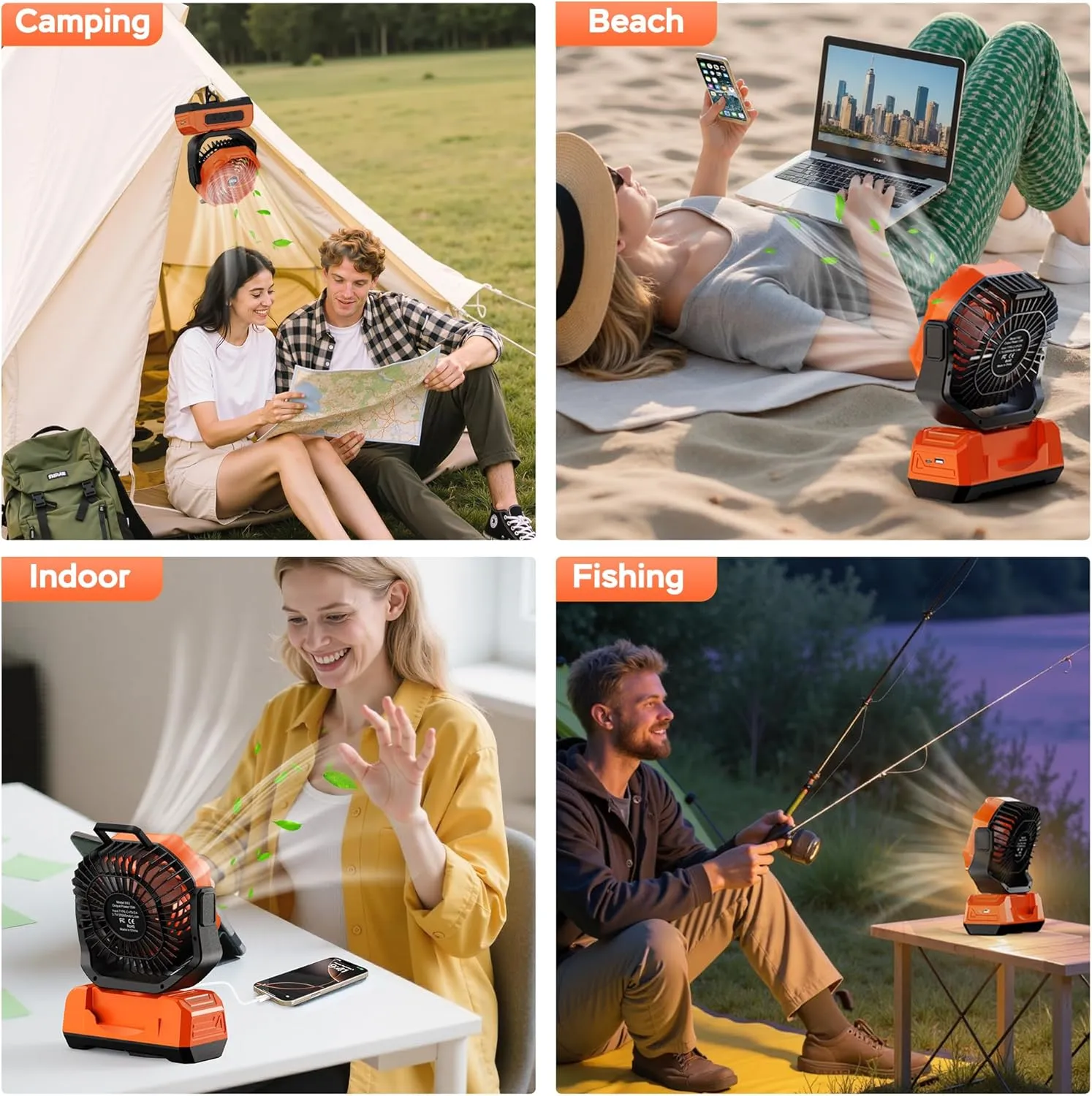 PANERGY Camping Fan Rechargeable,20000mAh Cordless Battery Powered Oscillating Fan with w/RGB Light & Remote,4 Timer & Hanging Hook for Indoor,Outdoor,Travel,Camping,BBQ,Jobsite,Picnic-Orange