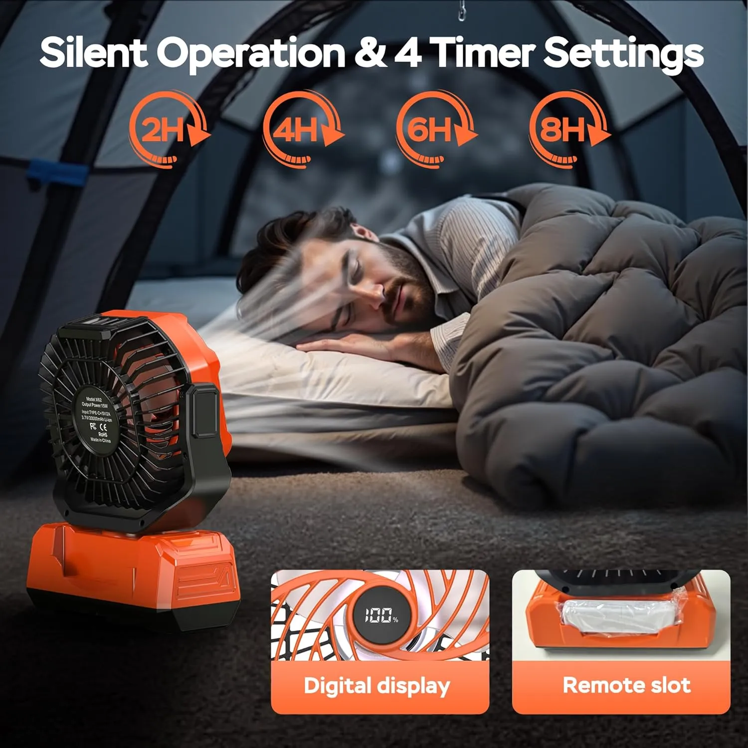 PANERGY Camping Fan Rechargeable,20000mAh Cordless Battery Powered Oscillating Fan with w/RGB Light & Remote,4 Timer & Hanging Hook for Indoor,Outdoor,Travel,Camping,BBQ,Jobsite,Picnic-Orange
