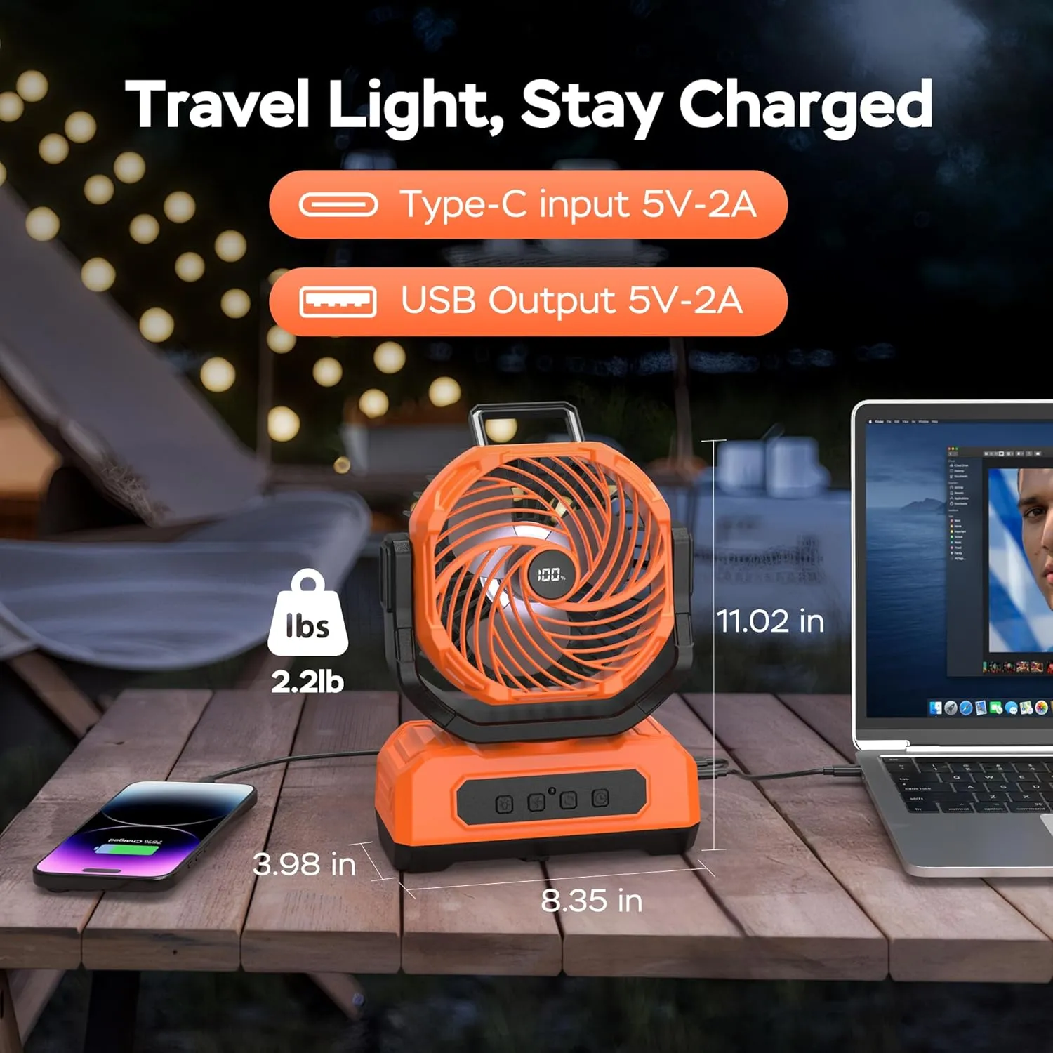 PANERGY Camping Fan Rechargeable,20000mAh Cordless Battery Powered Oscillating Fan with w/RGB Light & Remote,4 Timer & Hanging Hook for Indoor,Outdoor,Travel,Camping,BBQ,Jobsite,Picnic-Orange