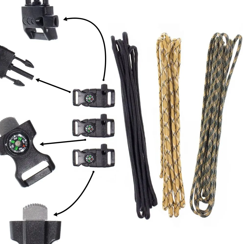 Paracord Bracelet Kit - Fire Starter Buckle, Whistle Buckle, and Compass Buckles - Fit for Survival