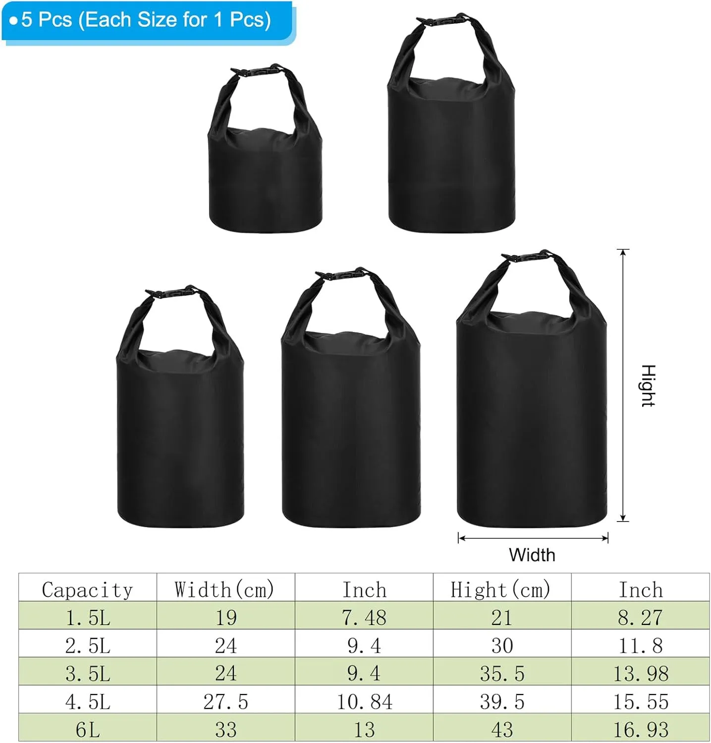 PATIKIL Waterproof Dry Bags, 5 Pack Portable Dry Sack Roll Top Bag Lightweight Dry Storage Bag for Gym Kayaking Hiking Swimming Camping, Black, (1.5L, 2.5L, 3.5L, 4.5L, 6L)