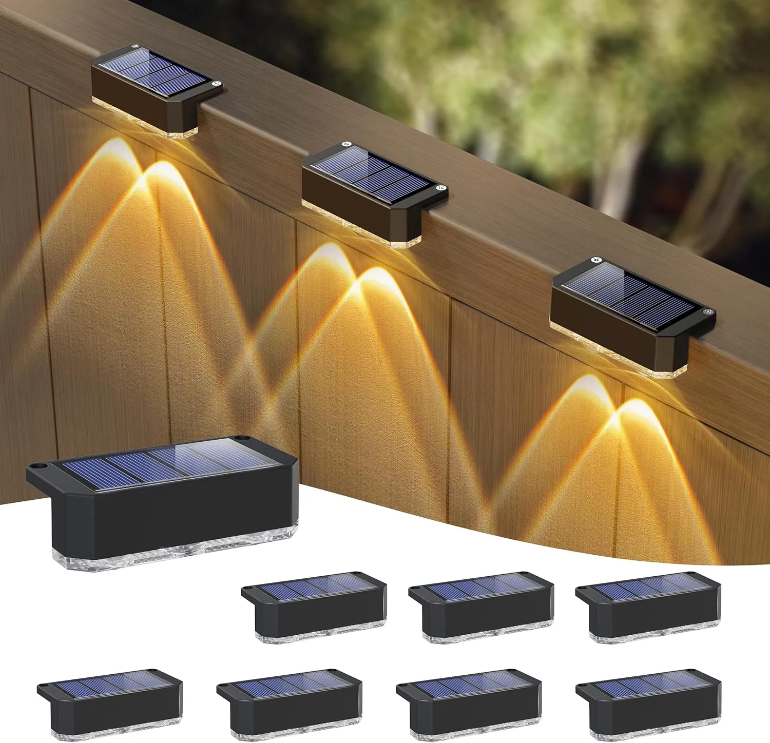 Peasur Solar Fence Lights Outdoor, 8 Pack Step Light Solar Powered, Waterproof LED Deck Lights for Railing Yard Patio Outside(Warm White)
