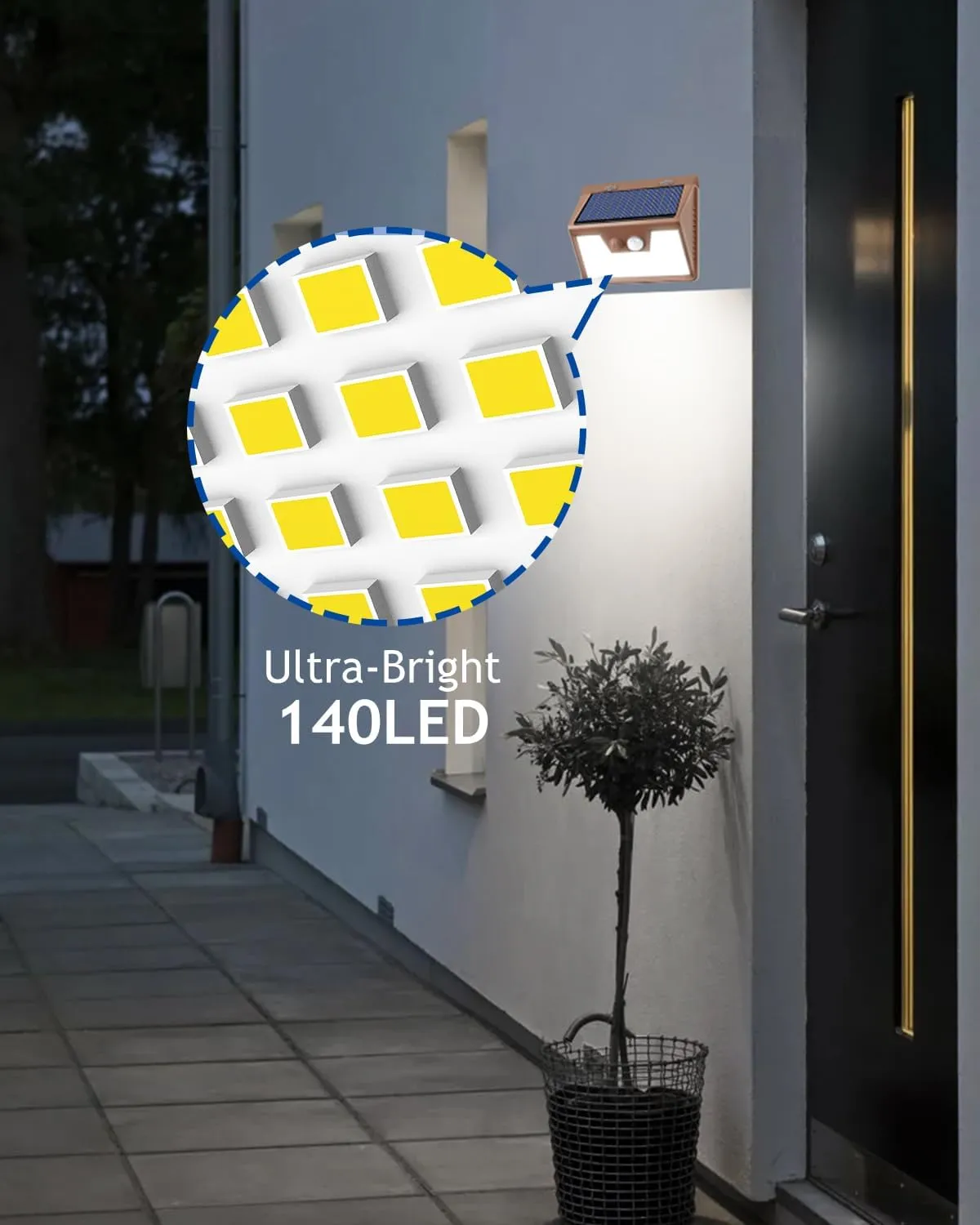 Peasur Solar Lights Outdoor Motion Sensor [6 Pack/140LED/Brown], Ultra-Bright 3 Mode Fence Security Light Waterproof, Solar Wall Lighting for Patio Yard Step House Outside