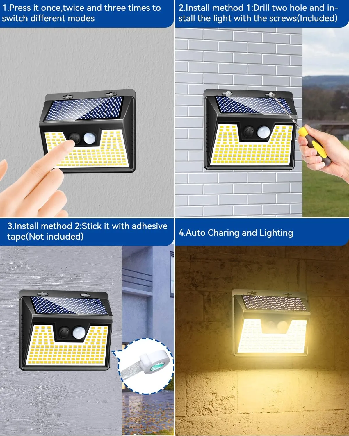 Peasur Solar Lights Outdoor Waterproof, 4Pack 140LED Solar Motion Sensor Wall Lights, 3 Modes Solar Powered Fence Security Lights for Patio Step Deck House Outside(Warm White)