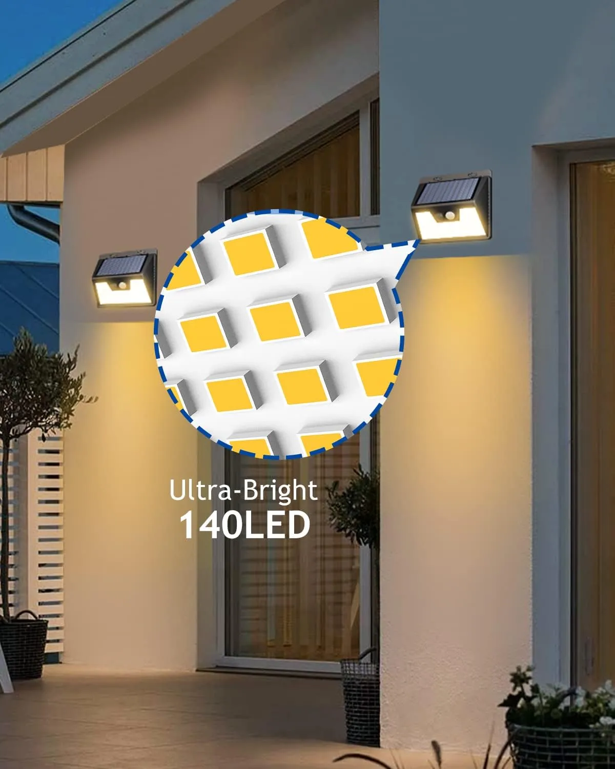 Peasur Solar Lights Outdoor Waterproof, 4Pack 140LED Solar Motion Sensor Wall Lights, 3 Modes Solar Powered Fence Security Lights for Patio Step Deck House Outside(Warm White)