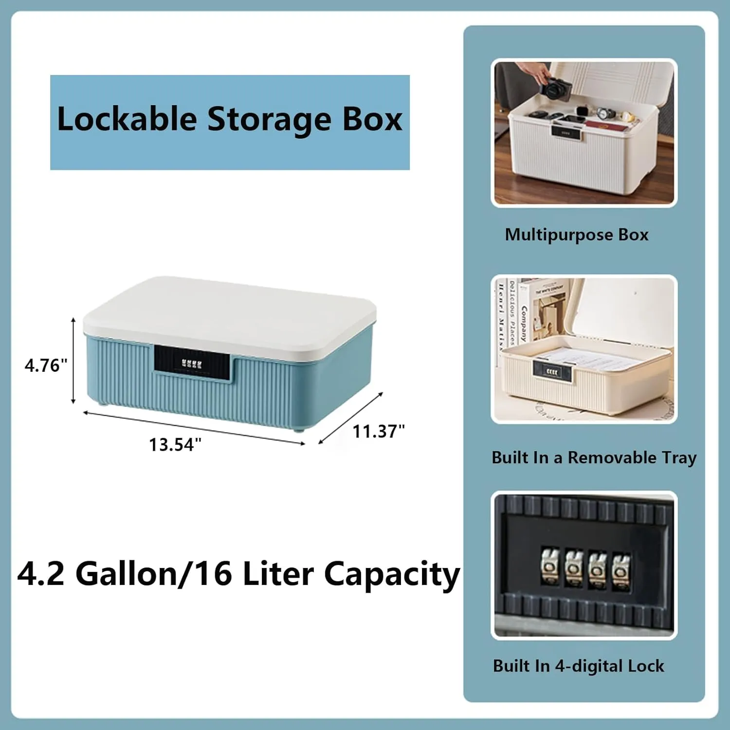 PENCK Lockable Storage Container Bin, 4.2 Gallon Lock Box for College Dorm - Plastic Versatile Organizer with Changeable Lock for Outdoor Travel Home Office School, White&Blue