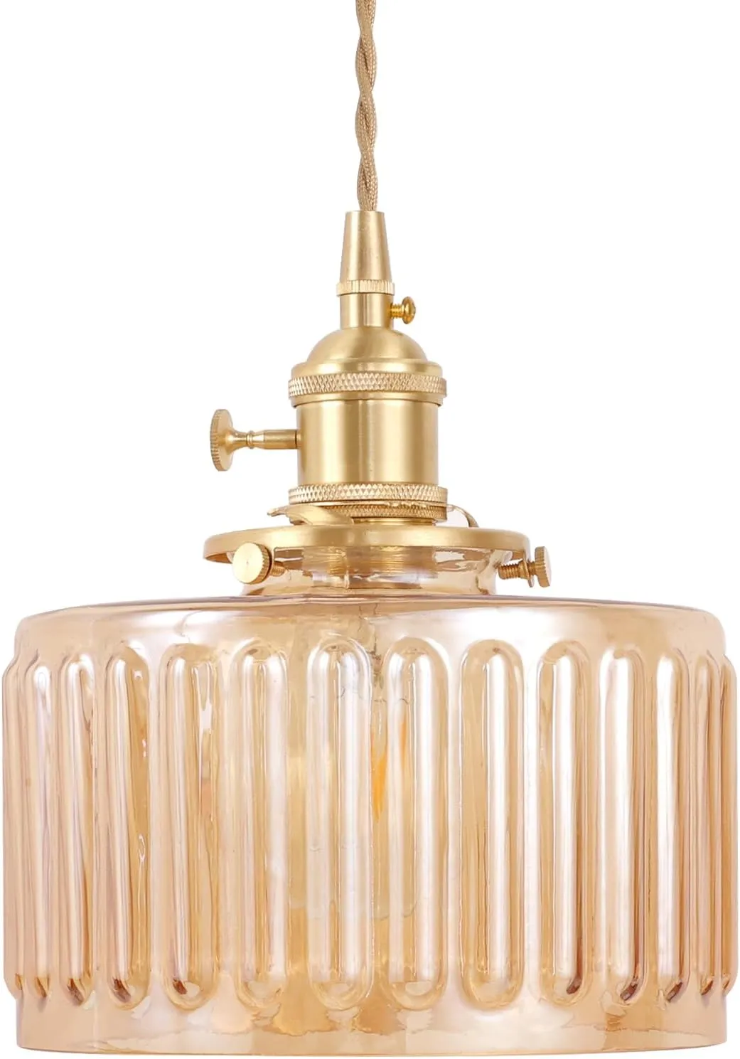 Pendant Light with Amber Striped Glass Lmapshade, Brass Vintage Pendant Light Adjustable Hanging Light for Kitchen Island Dining Room Hallway