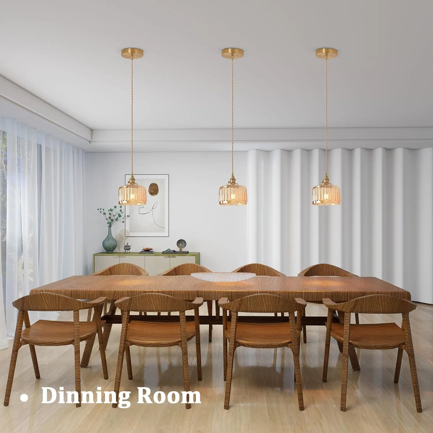 Pendant Light with Amber Striped Glass Lmapshade, Brass Vintage Pendant Light Adjustable Hanging Light for Kitchen Island Dining Room Hallway