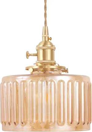 Pendant Light with Amber Striped Glass Lmapshade, Brass Vintage Pendant Light Adjustable Hanging Light for Kitchen Island Dining Room Hallway