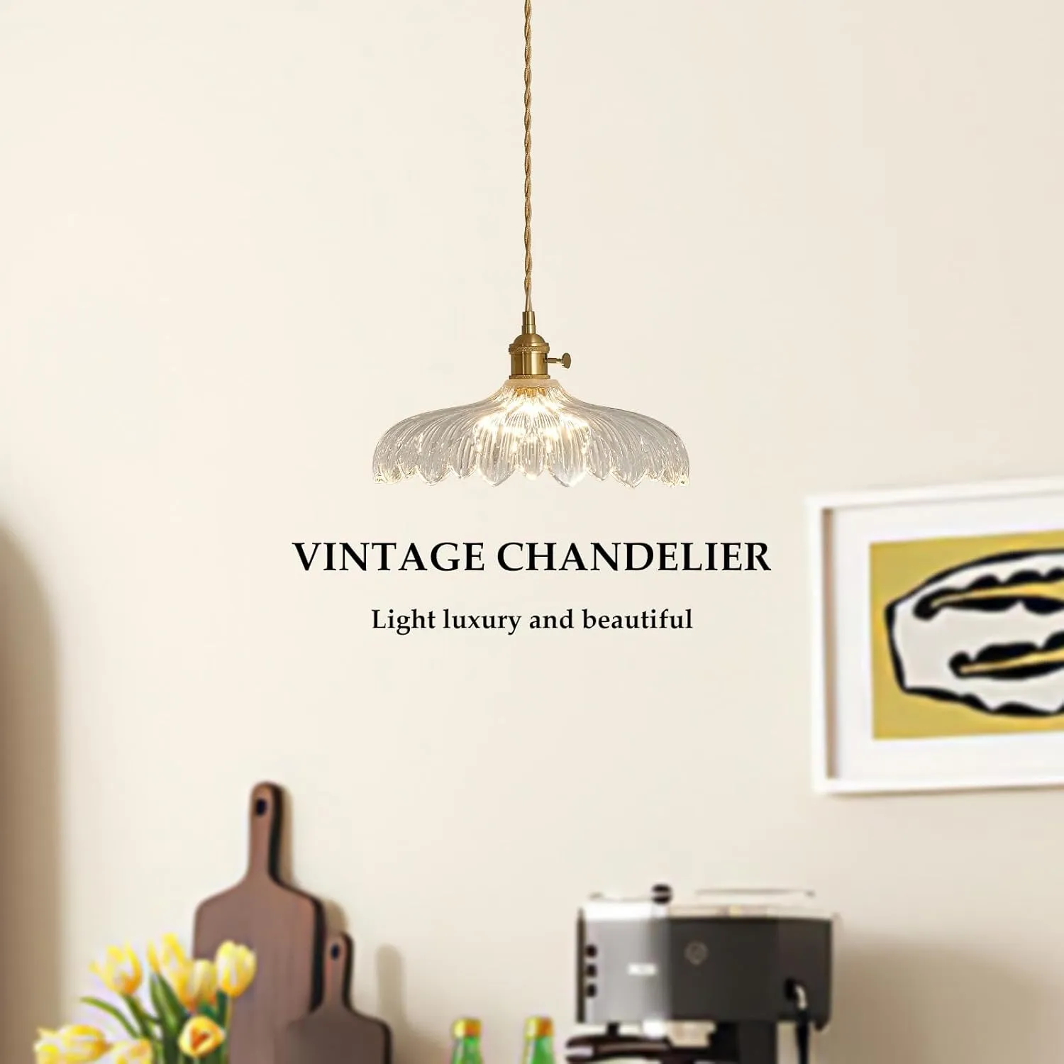 Pendant Lights, 11.8 Inch Hanging Light Adjustable Hanging Lamp Clear Flower Glass Shade Pendant Light Fixture Kitchen Pendant Lights for Bedroom with Light Bulb