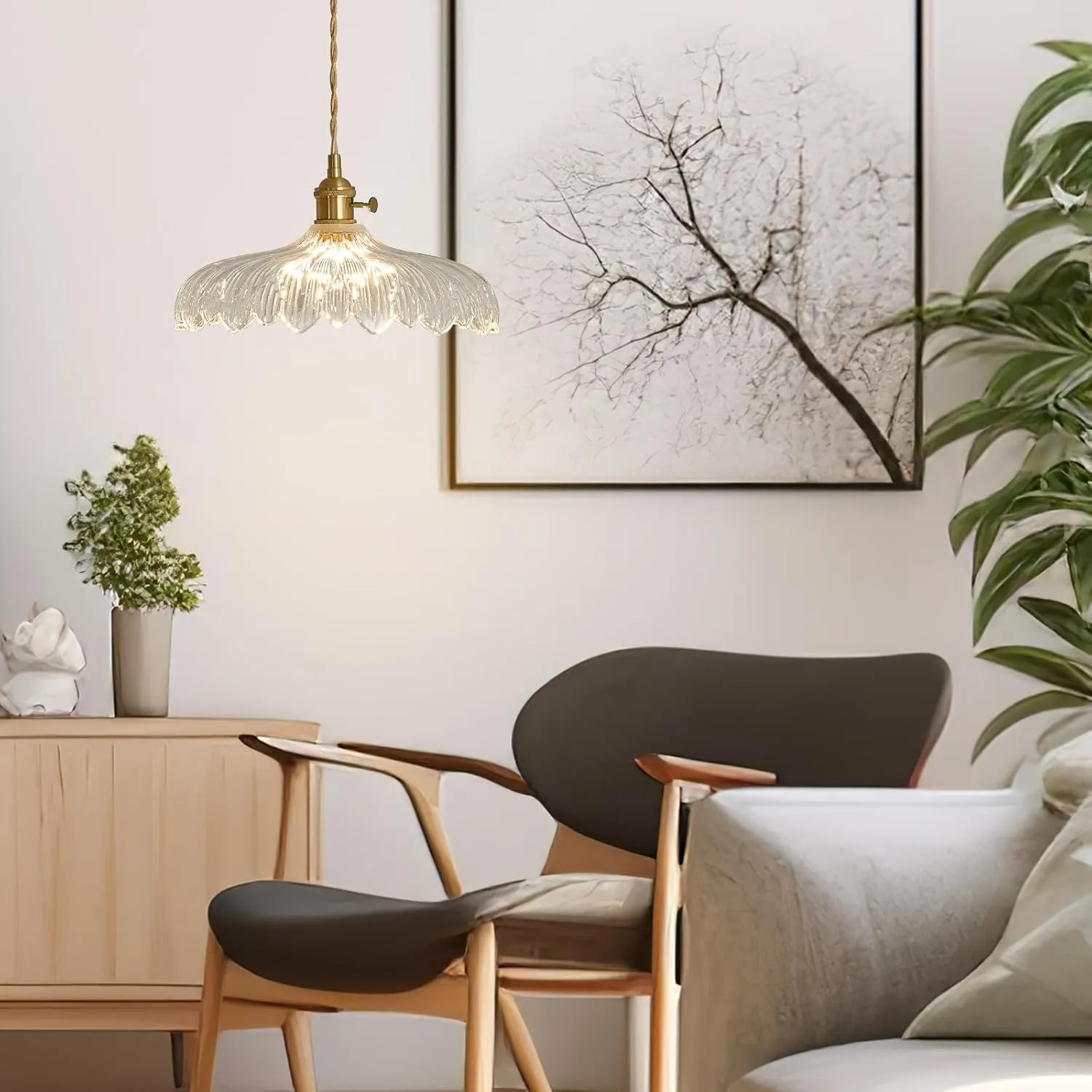 Pendant Lights, 11.8 Inch Hanging Light Adjustable Hanging Lamp Clear Flower Glass Shade Pendant Light Fixture Kitchen Pendant Lights for Bedroom with Light Bulb