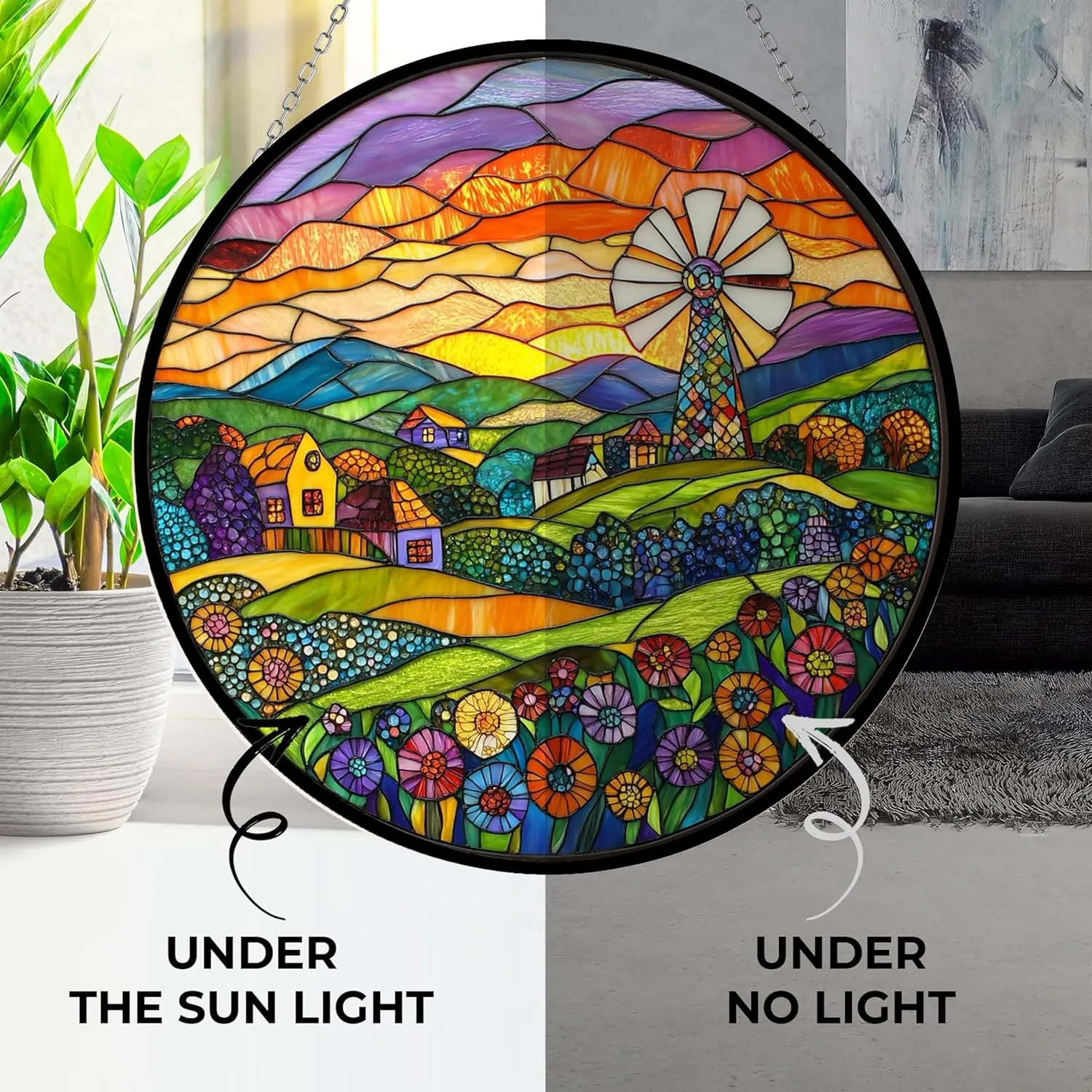 Personalized Boho Folk Art Windmill Landscape Stained Glass Window Hanging Suncatcher, Suncatcher Stained Glass Christmas Halloween