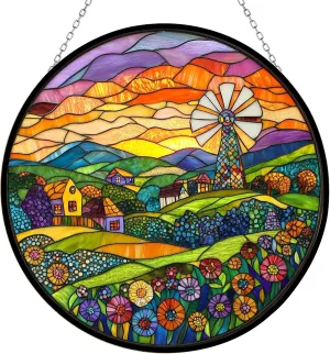 Personalized Boho Folk Art Windmill Landscape Stained Glass Window Hanging Suncatcher, Suncatcher Stained Glass Christmas Halloween