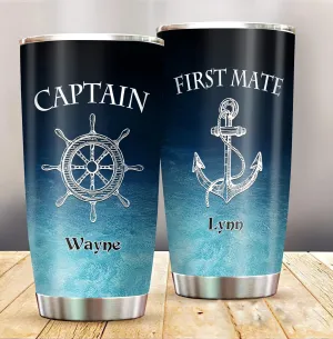 Personalized Captain First Mate Tumbler Cup For Husband Wife Boat Wheel And Anchor Printed Stainless Tumblers 20oz Ideas Gifts Boyfriend Girlfriend Military Birthday Anniversary, Multicolor