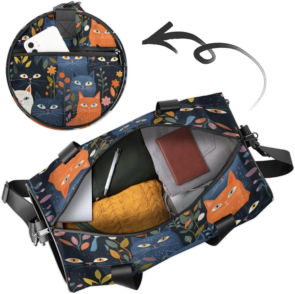 Personalized Japanese Cat Sport Gym Bag, Custom Name Duffel Bags for Men, Waterproof Custom Sport Duffel Bag, Gymnastics Dance, Cat