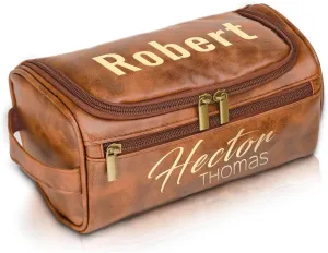 Personalized Travel Toiletry Bag Gifts for Men, Him, Son, Dad, Boyfriend, Leather Shaving Bathroom Bag, Groomsmen Gifts, Engraved with Name & Initial, Bathroom Toiletries Organizer Cosmetic Bags