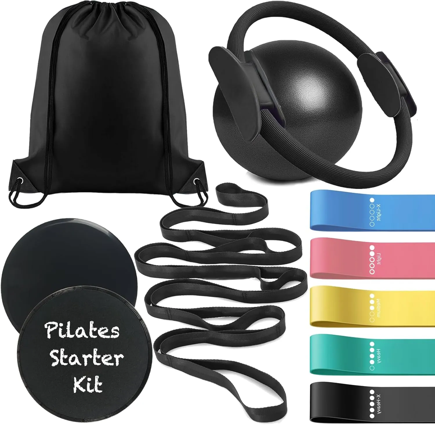 Pilates Ring Ball Bands Set Pilates Essentials Kit for Home Workouts, Yoga Ball, Pilates Magic Circle, Core Sliders Discs, Exercise Resistance Bands, Yoga Stretch Strap with Loops, Women Fitness Gift