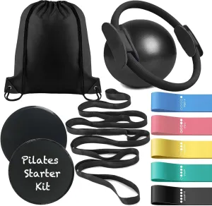 Pilates Ring Ball Bands Set Pilates Essentials Kit for Home Workouts, Yoga Ball, Pilates Magic Circle, Core Sliders Discs, Exercise Resistance Bands, Yoga Stretch Strap with Loops, Women Fitness Gift