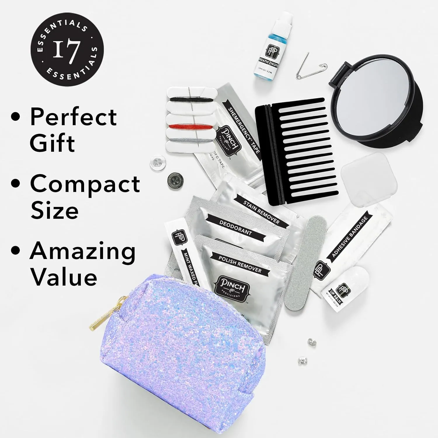 Pinch Provisions Purple Periwinkle Minimergency Kit, Includes 17 Travel-Sized Cosmetic Essentials, Convenient for Purses, Emergency Beauty Accessories, Gifts for Holiday’s & Birthday’s