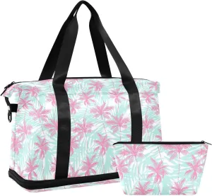 Pink Coconut Trees Sports Gym Bag with Waterproof Dry Wet Pocket, Travel Duffel Bag for Women Men，Workout Bag Fits Yoga, Swimming