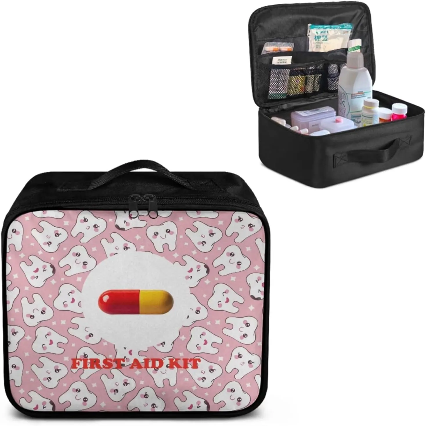 Pink Tooth Emoji Print First Aid Kit-Empty Medical Kit-Trauma Aid Kit-Medicine Organizer Storage,Ideal for Family-Dorm-Traveling-Car-RV-Camping-Hiking-Hunting Essentials Gear (Bag Only)