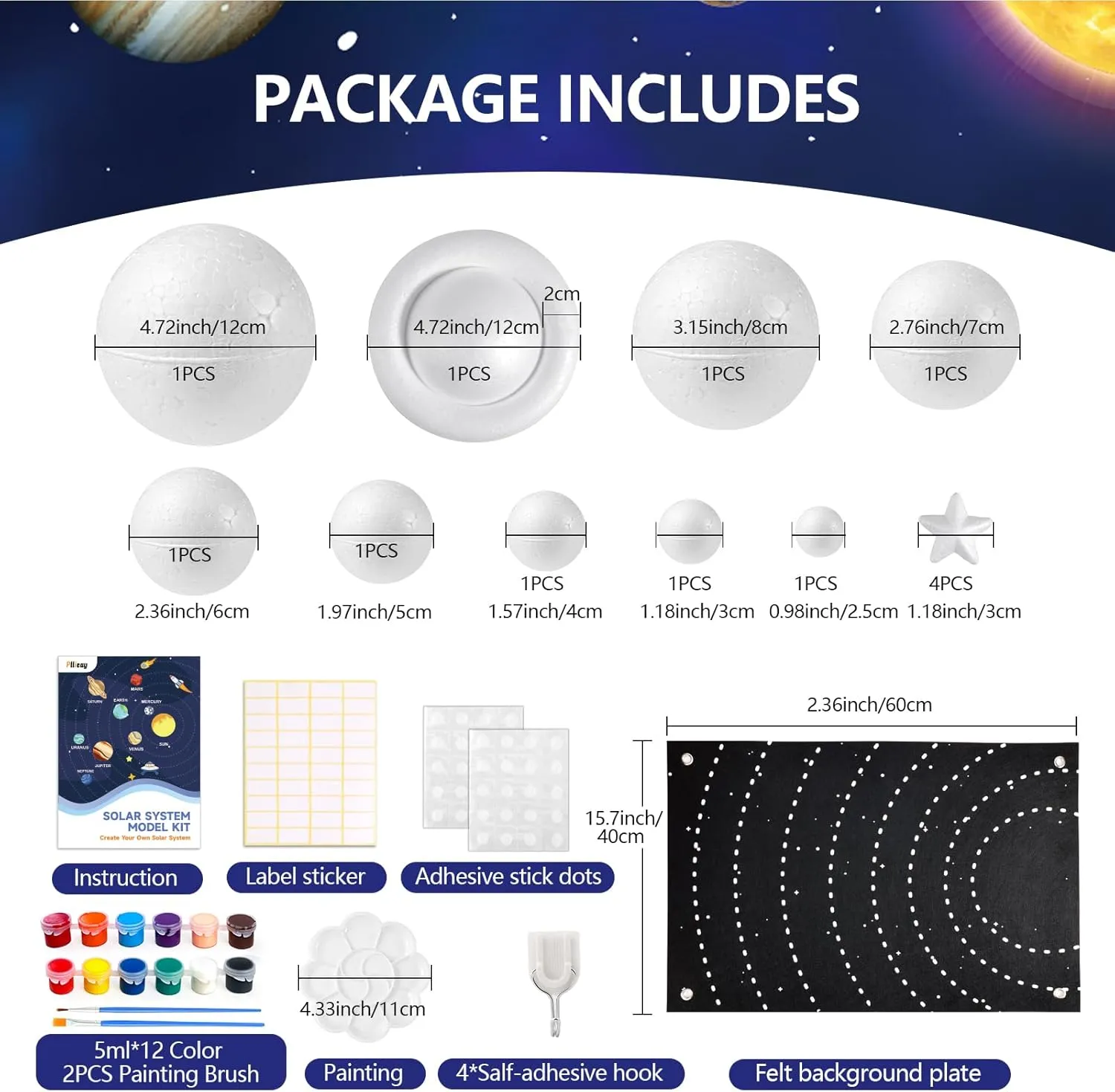 Pllieay 63PCS Solar System Foam Ball Kit Includes Color Pigments, Palette, Mixed Sized Polystyrene Spheres Balls, Toothpick Flag, Painting Brushes, Bamboo Sticks for School Science Projects