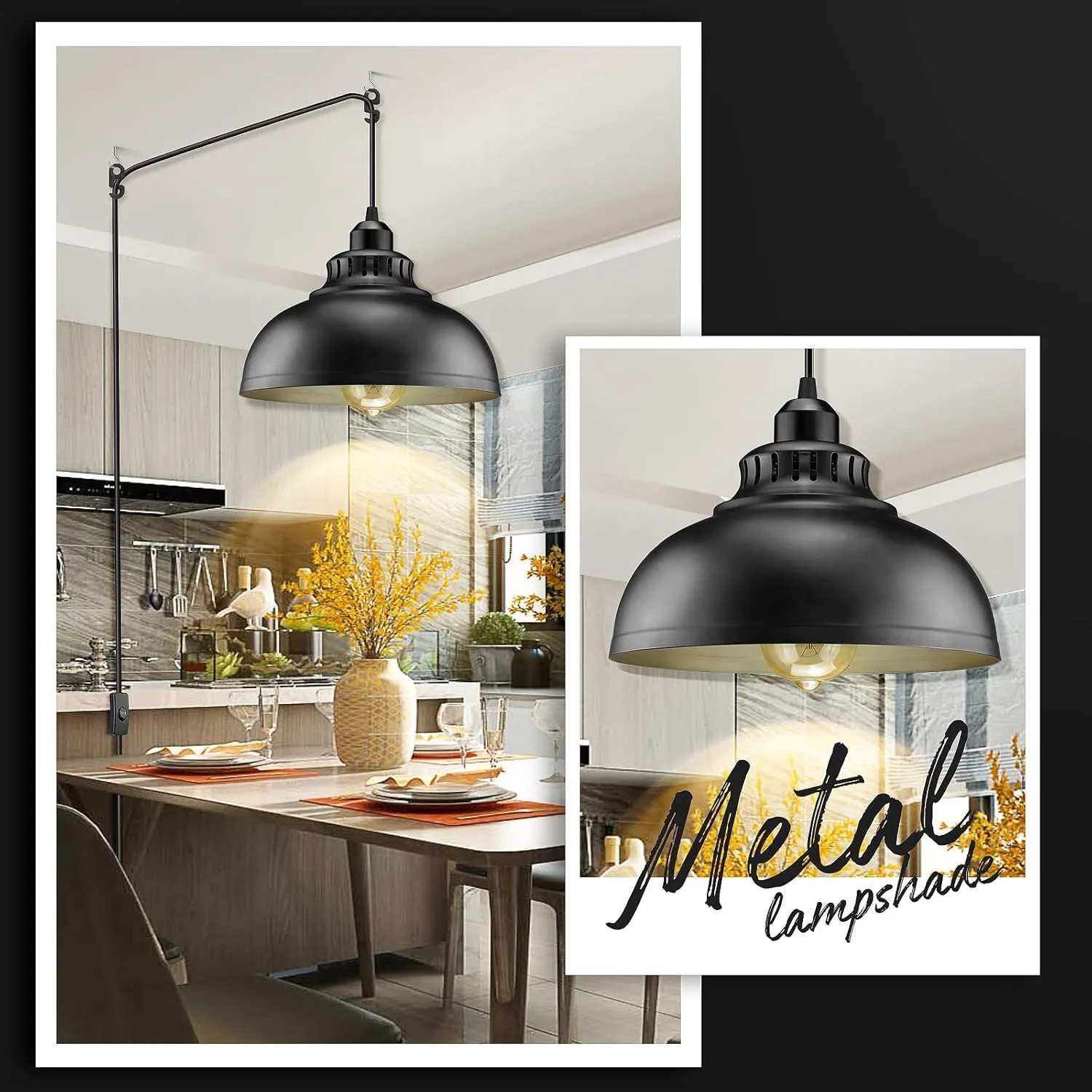 Plug in Pendant Light, 15FT Hanging Lights with Plug in Cord, On/Off Switch, Industrial Pendant Light with Plug in Cord, Metal Hanging Lamps for Living Room, Kitchen