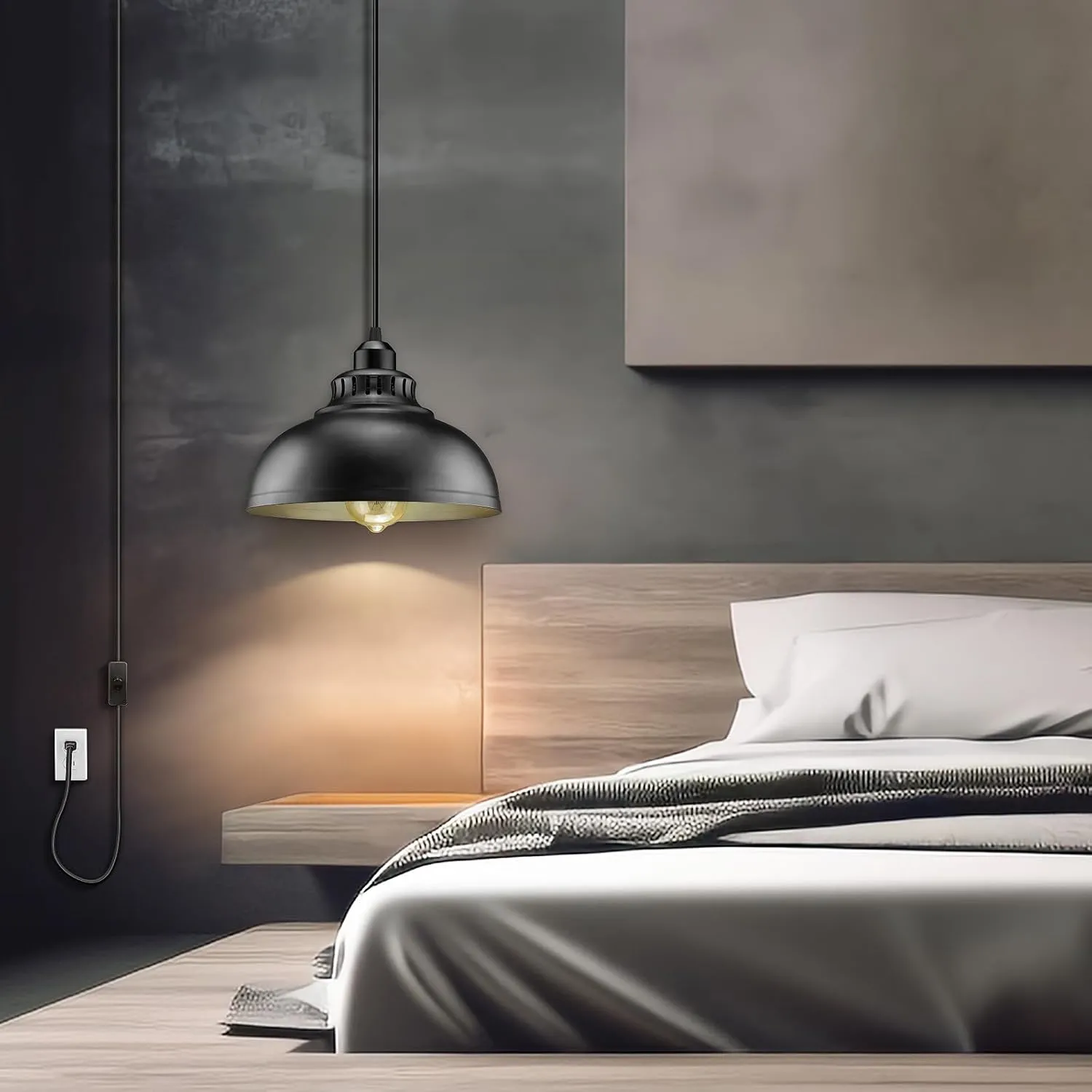 Plug in Pendant Light, 15FT Hanging Lights with Plug in Cord, On/Off Switch, Industrial Pendant Light with Plug in Cord, Metal Hanging Lamps for Living Room, Kitchen