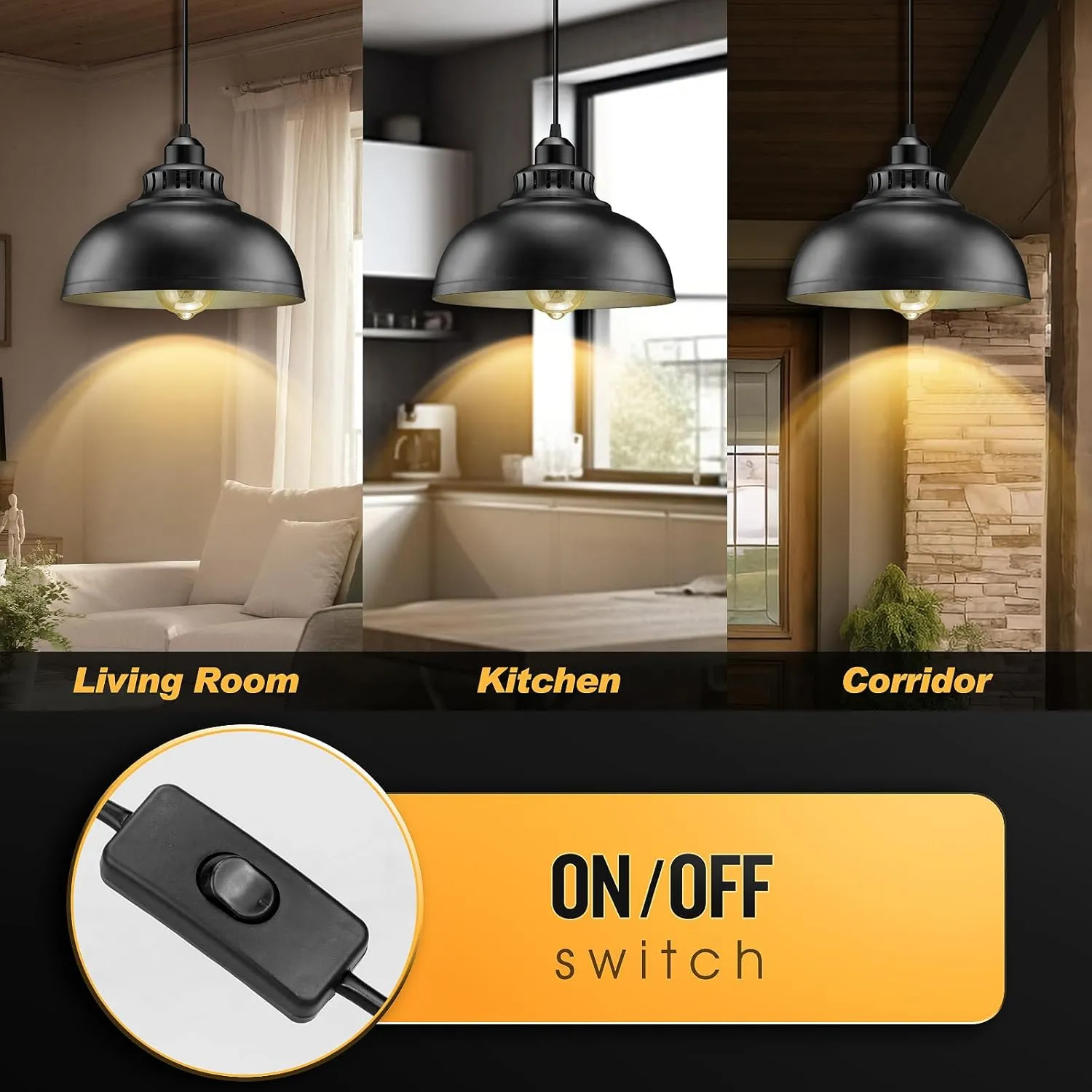 Plug in Pendant Light, 15FT Hanging Lights with Plug in Cord, On/Off Switch, Industrial Pendant Light with Plug in Cord, Metal Hanging Lamps for Living Room, Kitchen