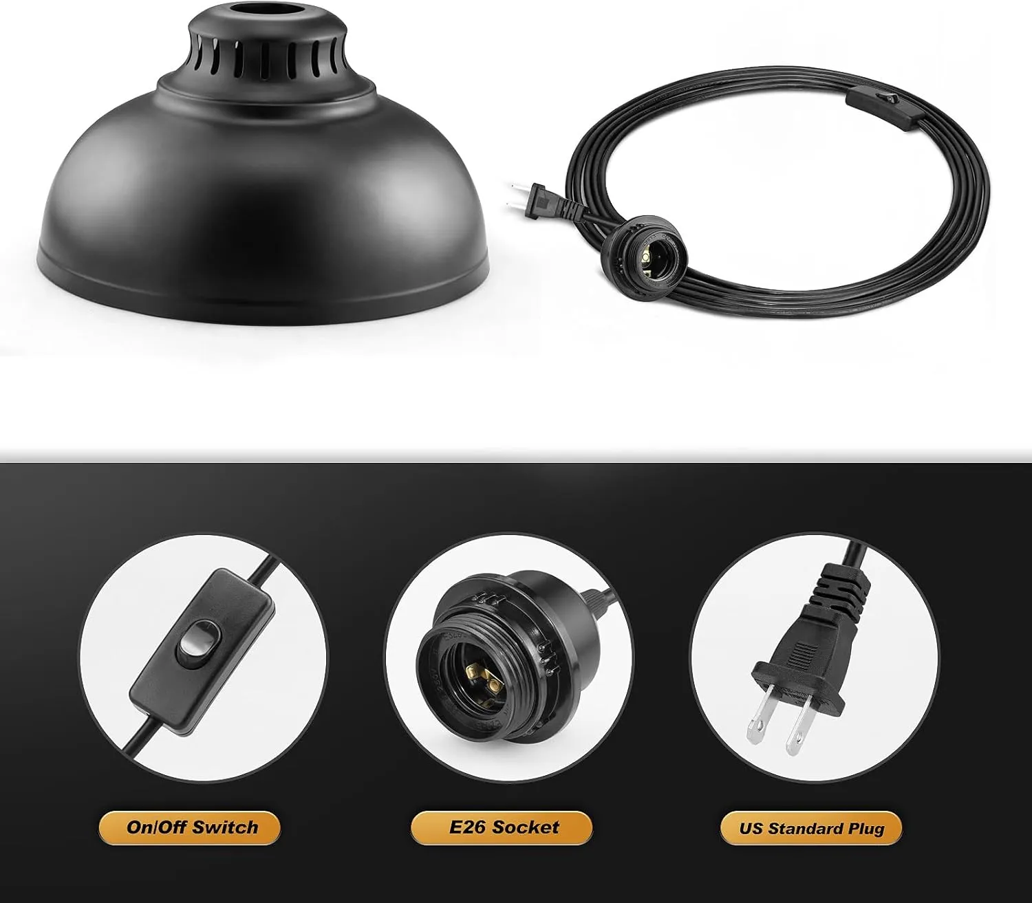 Plug in Pendant Light, 15FT Hanging Lights with Plug in Cord, On/Off Switch, Industrial Pendant Light with Plug in Cord, Metal Hanging Lamps for Living Room, Kitchen