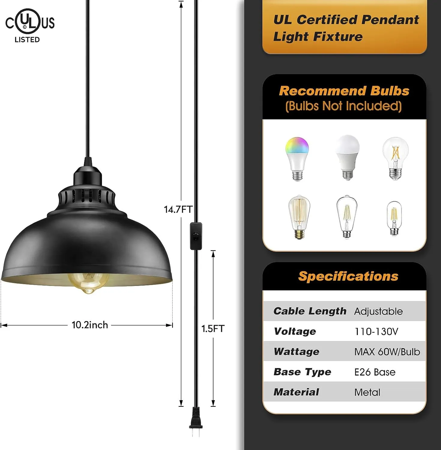 Plug in Pendant Light, 15FT Hanging Lights with Plug in Cord, On/Off Switch, Industrial Pendant Light with Plug in Cord, Metal Hanging Lamps for Living Room, Kitchen