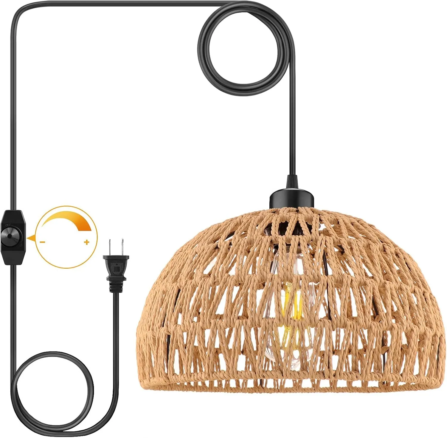 Plug In Pendant Light, 15FT Hemp Rope Cord,Hanging Light With Plug In Cord Dimmable Switch Rattan Hanging Lamp Wicker Woven Basket Lampshade, Industrial Plug In Ceiling Light Fixture For Kitchen brown