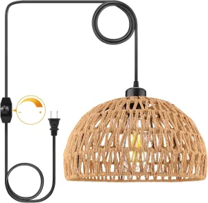 Plug In Pendant Light, 15FT Hemp Rope Cord,Hanging Light With Plug In Cord Dimmable Switch Rattan Hanging Lamp Wicker Woven Basket Lampshade, Industrial Plug In Ceiling Light Fixture For Kitchen brown